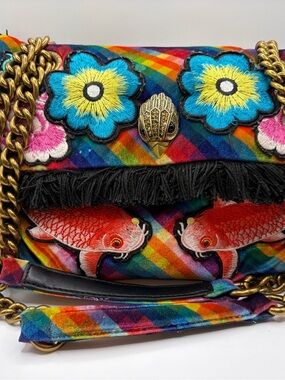 Kurt Geiger Colorful Embroidered Rainbow Satchel with Floral & Koi Motifs